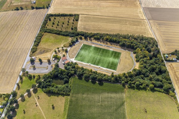 Aerial view, football ground VFL Platte Heide, Menden, Sauerland, Märkischer Kreis, North Rhine-Westphalia, Germany, DE, Europe, football ground, football stadium, football club, aerial view, aerial photography, aerial photography, sports, sports facilities, sports field, sports facility, stadium, overview, bird's-eye view, meadows and fields, birds-eyes view, overview