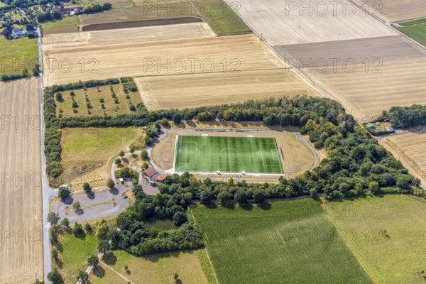 Aerial view, football ground VFL Platte Heide, Menden, Sauerland, Märkischer Kreis, North Rhine-Westphalia, Germany, DE, Europe, football ground, football stadium, football club, aerial view, aerial photography, aerial photography, sports, sports facilities, sports field, sports facility, stadium, overview, bird's-eye view, meadows and fields, birds-eyes view, overview