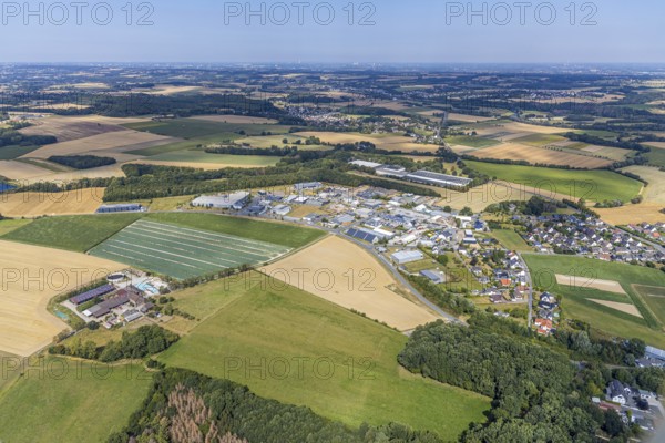 Aerial view, local view Holzen, agricultural business Am Riekenbrauck, BEGA Gantenbrink-Leuchten company campus, Menden, Sauerland, Märkischer Kreis, North Rhine-Westphalia, Germany, DE, Europe, distant view, property tax, real estate, agriculture, agricultural fields, agricultural business, aerial view, aerial photography, aerial photography, photovoltaic, photovoltaic system, solar, solar system, solar energy, solar energy, overview, bird's-eye view, meadows and fields, residential area, housing and living, residential area, residential buildings, residential quality, residential neighbourhood, housing estate, birds-eyes view, overview