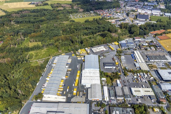 Aerial view, Meisenweg industrial estate, DHL Freight GmbH, Menden, Sauerland, Märkischer Kreis, North Rhine-Westphalia, Germany, DE, Europe, freight forwarding service, commercial enterprises, commercial area, commercial park, commercial location, commercial use, freight traffic, industrial area, industrial location, logistics, logistics service, logistics service provider, logistics provider, logistics centre, aerial photograph, aerial photography, aerial photography, freight forwarding, transport, transport service, overview, bird's eye view, birds-eyes view, overview