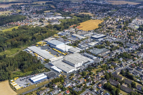 Aerial view, Meisenweg industrial estate, DHL Freight GmbH, Menden, Sauerland, Märkischer Kreis, North Rhine-Westphalia, Germany, DE, Europe, freight forwarding service, commercial enterprises, commercial area, commercial park, commercial location, commercial use, freight traffic, industrial area, industrial location, logistics, logistics service, logistics service provider, logistics provider, logistics centre, aerial photograph, aerial photography, aerial photography, freight forwarding, transport, transport service, overview, bird's eye view, birds-eyes view, overview