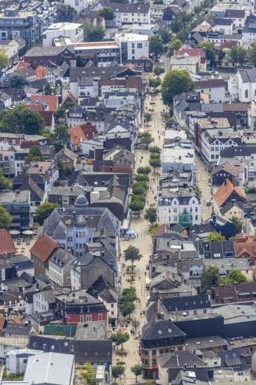 Aerial view, pedestrian zone, city centre, market place, old town hall, Menden, Sauerland, Märkischer Kreis, North Rhine-Westphalia, Germany, City, DE, shopping place, shopping street, shopping centre, Europe, local history museum, church square, cultural history, aerial view, aerial photography, aerial photography, museum, town view, townscape, city gate, city centre, overview, bird's eye view, birds-eyes view, overview
