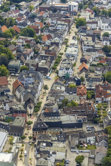 Aerial view, pedestrian zone, city centre, market place, old town hall, Menden, Sauerland, Märkischer Kreis, North Rhine-Westphalia, Germany, City, DE, shopping place, shopping street, shopping centre, Europe, local history museum, church square, cultural history, aerial view, aerial photography, aerial photography, museum, town view, townscape, city gate, city centre, overview, bird's eye view, birds-eyes view, overview