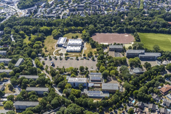 Aerial view, Gymnasium Rheinkamp, ENNI Sportpark Rheinkamp, FC Moers-Meerfeld, Mörs, Ruhr area, North Rhine-Westphalia, Germany, DE, Europe, birds-eyes, view, aerial photography, aerial photography, aerial photography, overview, overview, bird's eye view, education, pupils, college, education, school year, homework, class, year group, education, pedagogy, gymnastics, sport, ball sports, fitness, movement, athletics