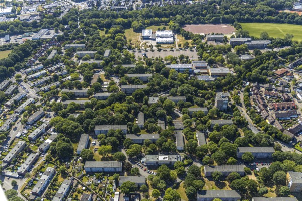 Aerial photo, housing estate, Gymnasium Rheinkamp, ENNI Sportpark Rheinkamp, FC Moers-Meerfeld, Mörs, Ruhr area, North Rhine-Westphalia, Germany, DE, Europe, birds-eyes, view, aerial photography, aerial photography, overview, overview, bird's eye view, education, pupils, college, training, school year, homework, class, year group, education, pedagogy, fitness, sport, movement