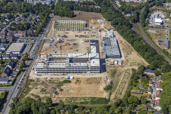 Aerial view, new building EDEKA administration building food retail beverage market, car park, Utfort, Mörs, Ruhr area, North Rhine-Westphalia, Germany, DE, Europe, birds-eyes, view, aerial photography, aerial photography, aerial photography, overview, overview, bird's eye view, food, beverages, fruit, vegetables