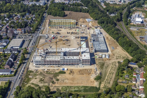 Aerial view, new building EDEKA administration building food retail beverage market, car park, Utfort, Mörs, Ruhr area, North Rhine-Westphalia, Germany, DE, Europe, birds-eyes, view, aerial photography, aerial photography, aerial photography, overview, overview, bird's eye view, food, beverages, fruit, vegetables