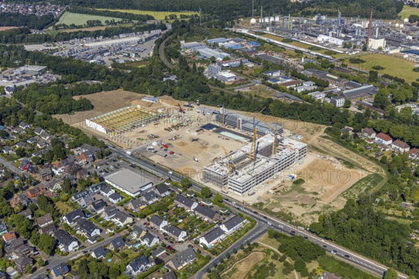 Aerial view, new building EDEKA administration building food retail beverage market, car park, Utfort, Mörs, Ruhr area, North Rhine-Westphalia, Germany, DE, Europe, birds-eyes, view, aerial photography, aerial photography, aerial photography, overview, overview, bird's eye view, food, beverages, fruit, vegetables