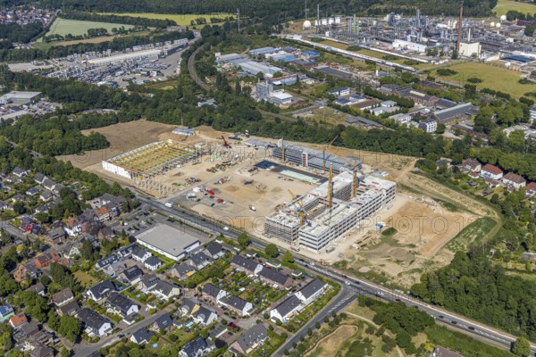 Aerial view, new building EDEKA administration building food retail beverage market, car park, Utfort, Mörs, Ruhr area, North Rhine-Westphalia, Germany, DE, Europe, birds-eyes, view, aerial photography, aerial photography, aerial photography, overview, overview, bird's eye view, food, beverages, fruit, vegetables