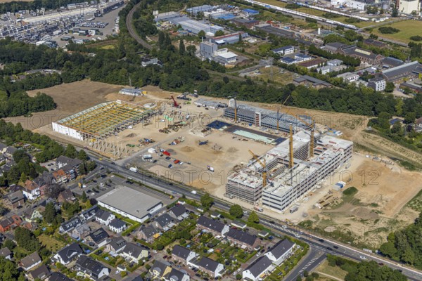 Aerial view, new building EDEKA administration building food retail beverage market, car park, Utfort, Mörs, Ruhr area, North Rhine-Westphalia, Germany, DE, Europe, birds-eyes, view, aerial photography, aerial photography, aerial photography, overview, overview, bird's eye view, food, beverages, fruit, vegetables