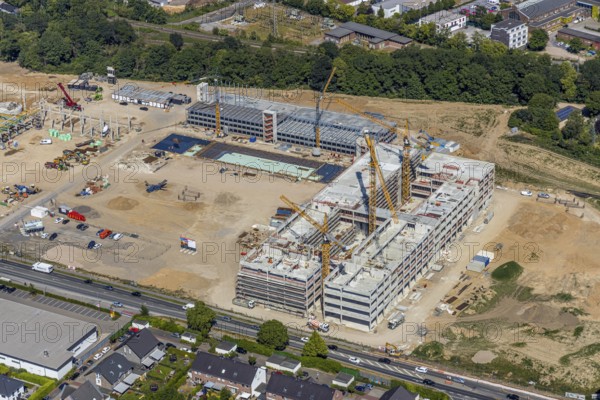 Aerial view, new building EDEKA administration building food retail beverage market, car park, Utfort, Mörs, Ruhr area, North Rhine-Westphalia, Germany, DE, Europe, birds-eyes, view, aerial photography, aerial photography, aerial photography, overview, overview, bird's eye view, food, beverages, fruit, vegetables