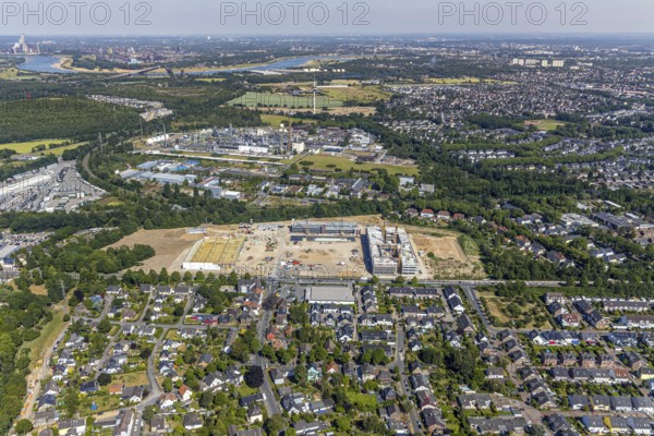 Aerial view, new building EDEKA administration building food retail beverage market, car park, Utfort, Mörs, Ruhr area, North Rhine-Westphalia, Germany, DE, Europe, birds-eyes, view, aerial photography, aerial photography, aerial photography, overview, overview, bird's eye view, food, beverages, fruit, vegetables