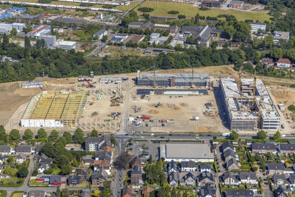 Aerial view, new building EDEKA administration building food retail beverage market, car park, Utfort, Mörs, Ruhr area, North Rhine-Westphalia, Germany, DE, Europe, birds-eyes, view, aerial photography, aerial photography, aerial photography, overview, overview, bird's eye view, food, beverages, fruit, vegetables