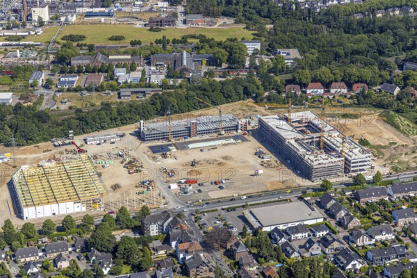 Aerial view, new building EDEKA administration building food retail beverage market, car park, Utfort, Mörs, Ruhr area, North Rhine-Westphalia, Germany, DE, Europe, birds-eyes, view, aerial photography, aerial photography, aerial photography, overview, overview, bird's eye view, food, beverages, fruit, vegetables