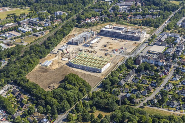 Aerial view, new building EDEKA administration building food retail beverage market, car park, Utfort, Mörs, Ruhr area, North Rhine-Westphalia, Germany, DE, Europe, birds-eyes, view, aerial photography, aerial photography, aerial photography, overview, overview, bird's eye view, food, beverages, fruit, vegetables