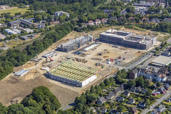 Aerial view, new building EDEKA administration building food retail beverage market, car park, Utfort, Mörs, Ruhr area, North Rhine-Westphalia, Germany, DE, Europe, birds-eyes, view, aerial photography, aerial photography, aerial photography, overview, overview, bird's eye view, food, beverages, fruit, vegetables