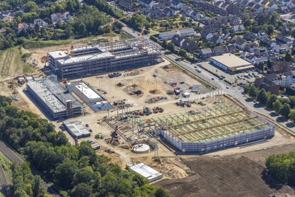 Aerial view, new building EDEKA administration building food retail beverage market, car park, Utfort, Mörs, Ruhr area, North Rhine-Westphalia, Germany, DE, Europe, birds-eyes, view, aerial photography, aerial photography, aerial photography, overview, overview, bird's eye view, food, beverages, fruit, vegetables