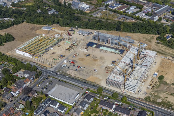 Aerial view, new building EDEKA administration building food retail beverage market, car park, Utfort, Mörs, Ruhr area, North Rhine-Westphalia, Germany, DE, Europe, birds-eyes, view, aerial photography, aerial photography, aerial photography, overview, overview, bird's eye view, food, beverages, fruit, vegetables