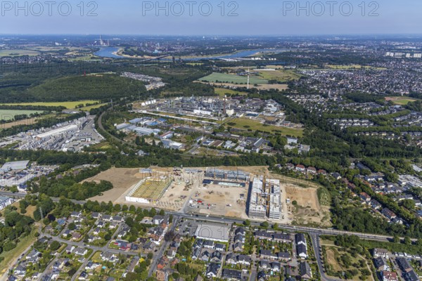 Aerial view, new building EDEKA administration building food retail beverage market, car park, Utfort, Mörs, Ruhr area, North Rhine-Westphalia, Germany, DE, Europe, birds-eyes, view, aerial photography, aerial photography, aerial photography, overview, overview, bird's eye view, food, beverages, fruit, vegetables