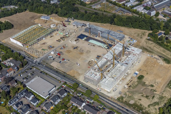 Aerial view, new building EDEKA administration building food retail beverage market, car park, Utfort, Mörs, Ruhr area, North Rhine-Westphalia, Germany, DE, Europe, birds-eyes, view, aerial photography, aerial photography, aerial photography, overview, overview, bird's eye view, food, beverages, fruit, vegetables