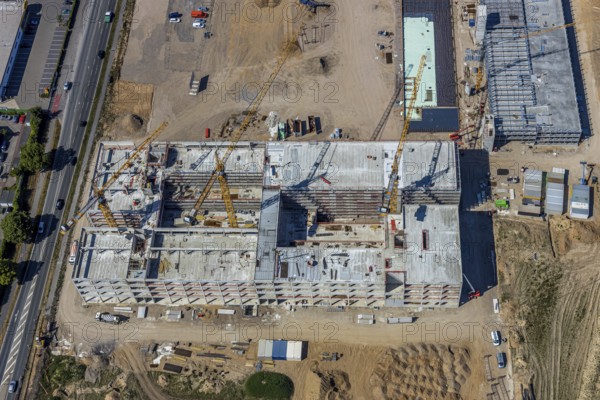 Aerial view, new building EDEKA administration building food retail beverage market, car park, Utfort, Mörs, Ruhr area, North Rhine-Westphalia, Germany, DE, Europe, birds-eyes, view, aerial photography, aerial photography, aerial photography, overview, overview, bird's eye view, food, beverages, fruit, vegetables