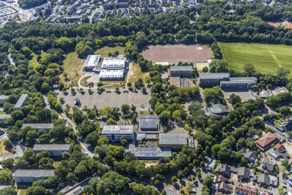 Aerial view, Gymnasium Rheinkamp, ENNI Sportpark Rheinkamp, FC Moers-Meerfeld, Mörs, Ruhr area, North Rhine-Westphalia, Germany, DE, Europe, birds-eyes, view, aerial photography, aerial photography, aerial photography, overview, overview, bird's eye view, education, pupils, college, education, school year, homework, class, year group, education, pedagogy, gymnastics, sport, ball sports, fitness, movement, athletics
