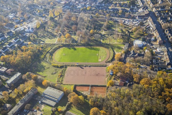 Aerial view, sports field Rheinpreußenstadion, Rheinkamp-Meerbeck, Mörs, Ruhr area, North Rhine-Westphalia, Germany, DE, Europe, football field, football stadium, football club, aerial view, aerial photography, aerial photography, sports, sports facilities, sports field, sports facility, stadium, overview, bird's-eye view, overview