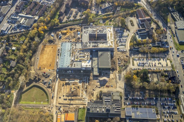 Aerial view, construction site, new school building, vocational college campus for technology Mörs, Mörs, Ruhr area, North Rhine-Westphalia, Germany, construction work, construction, construction area, building site, building plots, construction project, construction site, vocational school, education, educational institution, DE, Europe, educational institute, aerial photograph, aerial photography, aerial photography, new building, Repelener Straße, school, overview, bird's eye view, bird's eye view, overview