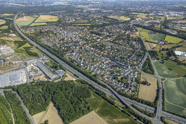 Aerial view, motorway A42, overview Repelen Rheinkamp, Mörs, Ruhr area, North Rhine-Westphalia, Germany, DE, Europe, birds-eyes, view, aerial photography, aerial photography, overview, bird's eye view, transport, traffic, infrastructure, logistics, road traffic