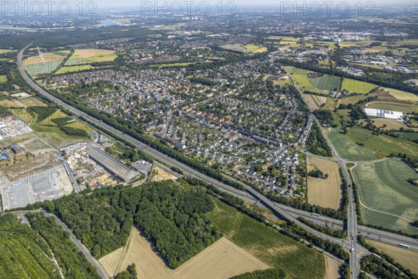 Aerial view, motorway A42, overview Repelen Rheinkamp, Mörs, Ruhr area, North Rhine-Westphalia, Germany, DE, Europe, birds-eyes, view, aerial photography, aerial photography, overview, bird's eye view, transport, traffic, infrastructure, logistics, road traffic