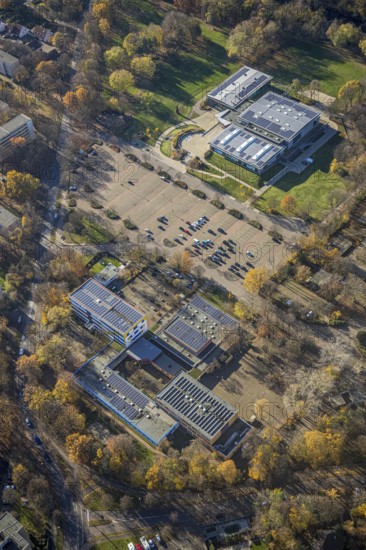 Aerial view, ENNI Sportpark Rheinkamp, multifunctional arena, Gymnasium Rheinkamp, Rheinkamp-Mitte, Mörs, Ruhr area, North Rhine-Westphalia, Germany, at the sports centre, bathing establishment, bathing resort, education, educational institution, DE, Europe, grammar school, indoor swimming pool, Kopernikusstraße, teaching institute, aerial view, aerial photography, aerial photography, school, swimming pool, sports, sports facilities, sports facility, overview, bird's-eye view, bird's-eye view, overview