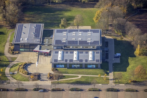Aerial photo, ENNI Sportpark Rheinkamp, multifunctional arena, Rheinkamp-Mitte, Mörs, Ruhr area, North Rhine-Westphalia, Germany, at the sports centre, bathing establishment, bathing resort, DE, Europe, indoor swimming pool, aerial photo, aerial photography, aerial photography, swimming pool, sports, sports facilities, sports facility, overview, bird's-eye view, overview