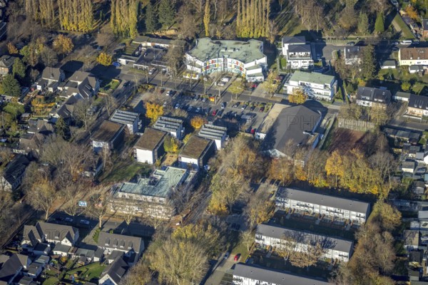 Aerial view, Grafschafter Diakonie Haus für Jung und Alt, Johannes Kindergarten Meerbeck, Blücher Straße, construction site AWO Verein für Vormundschaften und Betreuungen, Rheinkamp-Meerbeck, Mörs, Ruhr area, North Rhine-Westphalia, Germany, construction work, building, construction area, building site, building plots, construction, construction project, construction site, care and nursing, DE, Eupener Straße, Europe, kindergarten, day nursery, day care centre, day nursery, aerial view, aerial photography, aerial photography, new building, care facility, care home, overview, bird's-eye view, birds-eyes view, overview