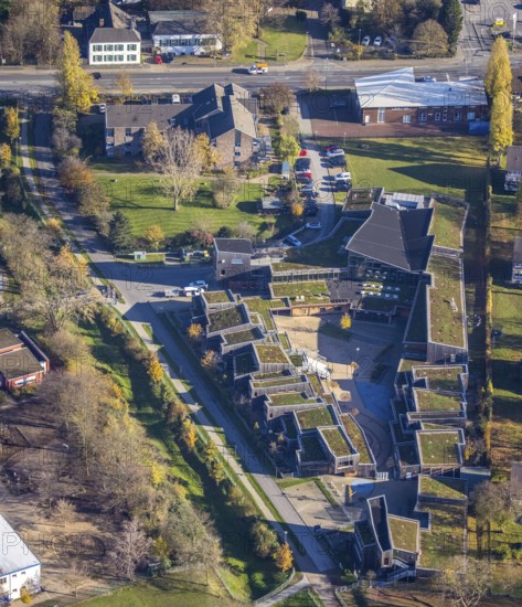 Aerial view, Christus Gemeinde Mörs, AWO Jugendzentrum Kaktus, Justus-von-Liebig-Hauptschule, Moers-Hochstraß, Mörs, Ruhr area, North Rhine-Westphalia, Germany, place of worship, education, educational institution, DE, Europe, religious community, place of worship, main school, holy place, youth centre, church, parish, denomination, educational institution, aerial view, aerial photography, aerial photography, religion, religious site, Römerstraße, school, overview, bird's-eye view, overview