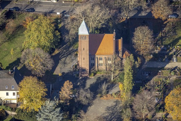 Aerial view, protestant church Utfort, Rheinkamp-Utfort, Mörs, Ruhr area, North Rhine-Westphalia, Germany, place of worship, DE, Europe, religious community, place of worship, holy place, church, parish, denomination, aerial view, aerial photography, aerial photography, religion, religious site, overview, bird's-eye view, overview