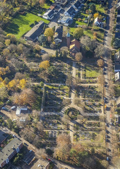 Aerial view, cemetery Utfort, Rheinkamp-Utfort, Mörs, Ruhr area, North Rhine-Westphalia, Germany, burial place, DE, Europe, cemetery, memorial, place of worship, graves, burial ground, aerial photograph, aerial photography, aerial photography, resting place, overview, bird's-eye view, overview
