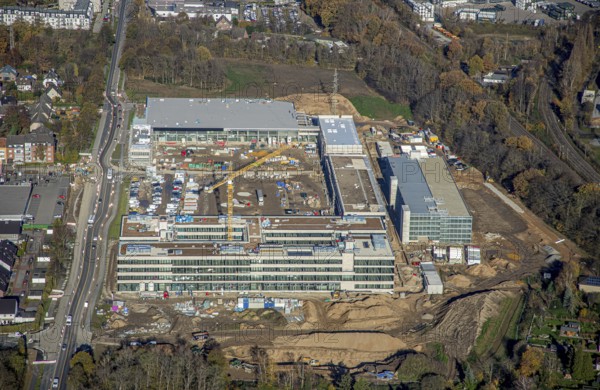 Aerial view, construction site, new Edeka headquarters, Rheinberger Straße, Rheinkamp-Utfort, Mörs, Ruhr area, North Rhine-Westphalia, Germany, construction work, construction, construction area, building site, building plots, construction project, construction site, DE, Edeka Markt, Europe, aerial view, aerial photography, aerial photography, new building, overview, administration, bird's eye view, birds-eyes view, overview