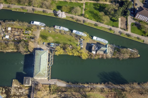 Aerial view, Ruhr, hydroelectric power station on the Ruhr, Haus Ruhrnatur, Altstadt I, Mülheim an der Ruhr, Ruhr area, North Rhine-Westphalia, Germany, Mülheim, an, der, DE, Europe, birds-eyes, view, aerial photography, aerial photography, overview, overview, bird's eye view, waterway, shipping, transport, logistics, goods movement, ships, waters, river