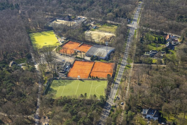 Aerial photo, HTC Uhlenhorst, tennis and hockey club, Linksruhr, Mülheim an der Ruhr, Ruhr area, North Rhine-Westphalia, Germany, Mülheim, an, der, Ruhr, DE, Europe, birds-eyes, view, aerial photography, aerial photography, overview, overview, bird's eye view, hockey, sports, fitness, hockey court, hobby, training, team, championship, clay court, tennis, tennis playing, tennis club