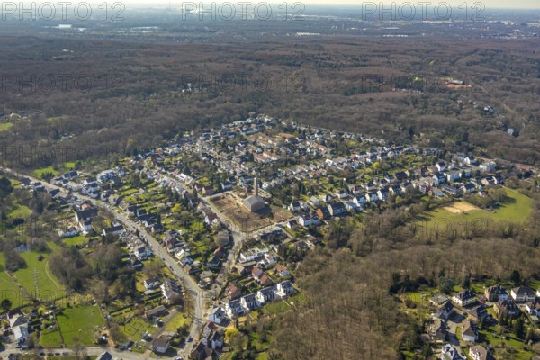 Aerial view, site of the demolished parish hall at Lindenhof, construction of new flats, deconsecrated Christuskirche, Linksruhr, Mülheim an der Ruhr, Ruhr area, North Rhine-Westphalia, Germany, Mülheim, an, der, Ruhr, DE, Europe, birds-eyes, view, aerial photograph, aerial photography, aerial photography, overview, overview, bird's eye view, house of God, religion, faith, worship, mass, living, flat, houses, residential buildings, housing estate, settlement