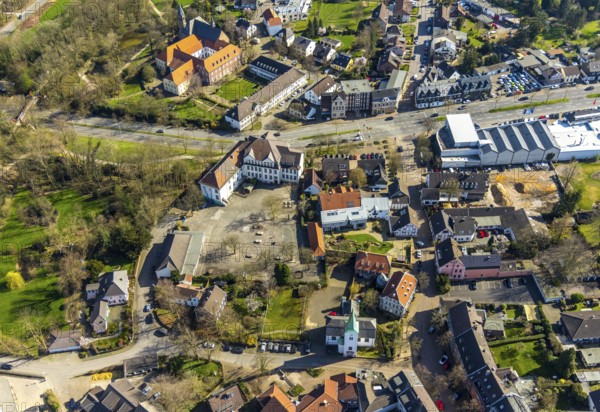 Aerial view, Municipal primary school at Klostermarkt, Village church Protestant parish Broich-Saarn, Community centre Dorfkirsche, Saarn monastery, Catholic parish St. Mariä-Himmelfahrt, federal road B1, Linksruhr, Mülheim an der Ruhr, Ruhr area, North Rhine-Westphalia, Germany, Mülheim, an, der, Ruhr, DE, Europe, birds-eyes, view, aerial photograph, aerial photography, aerial photography, overview, overview, bird's eye view, education, pupils, college, training, school year, homework, class, year group, education, pedagogy, place of worship, religion, faith, worship, trade fair, transport, traffic, infrastructure, logistics, road traffic