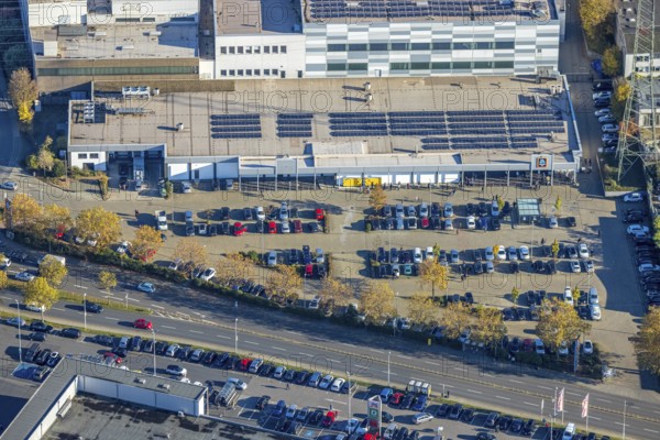 Aerial view, On Saturday the largest Aldi in the world opened in Mülheim on Dümptener Mannesmannallee, Dümpten - West, Mülheim an der Ruhr, Ruhr area, North Rhine-Westphalia, Germany, DE, Europe, birds-eyes view, aerial view, aerial photography, aerial photography, overview, bird's eye view
