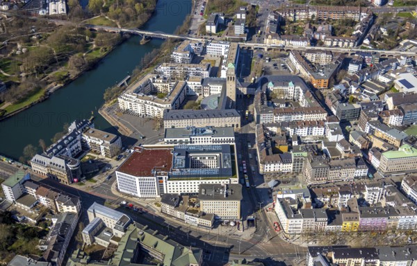 Aerial view, Ruhrbania in the city centre of Mülheim, Ruhr, Ruhr valley, town hall, Ruhrbaniabaufelder, Altstadt I, Mülheim an der Ruhr, Ruhr area, North Rhine-Westphalia, Germany, Mülheim, an, der, DE, Europe, birds-eyes, view, aerial photograph, aerial photography, aerial photography, overview, overview, bird's eye view, Ruhrbania, urban development, urban planning, river, restructuring, change