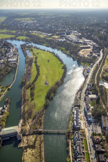 Aerial photo, Ruhr, hydroelectric power station on the Ruhr, Kassenbergbrücke, weir Mülheim, Altstadt I, Mülheim an der Ruhr, Ruhr area, North Rhine-Westphalia, Germany, Mülheim, an, der, DE, Europe, birds-eyes, view, aerial photography, aerial photography, overview, overview, bird's eye view, river, waterway, shipping traffic, transport, logistics, goods movement, ships, waters