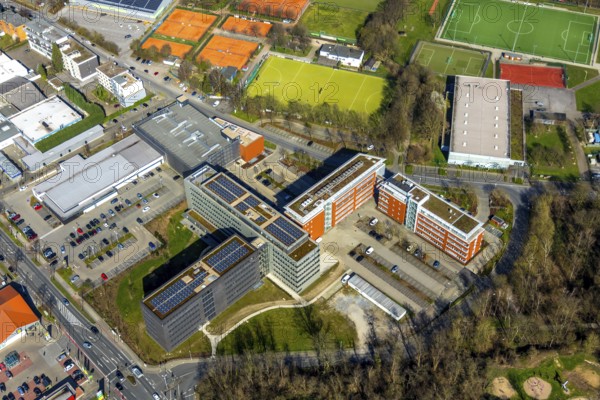 Aerial view, new office building ALDI SÜD, head office ALDI SÜD Düsseldorfer Straße, Kahlenberger Hockey und tennisclub, Linksruhr, Mülheim an der Ruhr, Ruhr area, North Rhine-Westphalia, Germany, Mülheim, an, der, Ruhr, DE, Europe, birds-eyes, view, aerial view, aerial photography, aerial photography, overview, overview, bird's eye view, office, service, workplaces, gymnastics, sports, ball sports, fitness, exercise, athletics, hockey, hockey field, hobby, training, team, championship, clay court, tennis, tennis playing, tennis club