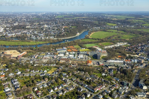 Aerial view, Mülheim-Saarn, view of the Ruhr, Kahlenberg Hockey and Tennis Club, refugee accommodation, Linksruhr, Mülheim an der Ruhr, Ruhr area, North Rhine-Westphalia, Germany, Mülheim, an, der, Ruhr, DE, Europe, birds-eyes, view, aerial photography, aerial photography, aerial photography, overview, overview, bird's-eye view, hockey, sport, fitness, hockey pitch, hobby, training, team, championship, clay court, tennis, tennis playing, tennis club, refugees, humanity, river, waterway, shipping, transport, logistics, goods movement, ships, waters