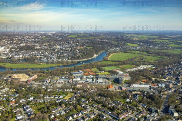 Aerial view, Mülheim-Saarn, view of the Ruhr, Kahlenberg Hockey and Tennis Club, refugee accommodation, Linksruhr, Mülheim an der Ruhr, Ruhr area, North Rhine-Westphalia, Germany, Mülheim, an, der, Ruhr, DE, Europe, birds-eyes, view, aerial photography, aerial photography, aerial photography, overview, overview, bird's-eye view, hockey, sport, fitness, hockey pitch, hobby, training, team, championship, clay court, tennis, tennis playing, tennis club, refugees, humanity, river, waterway, shipping, transport, logistics, goods movement, ships, waters