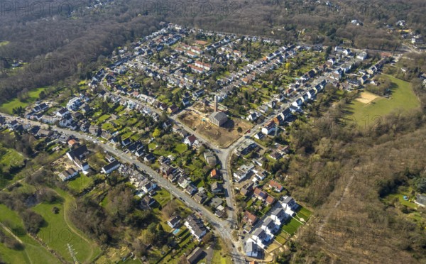 Aerial view, site of the demolished parish hall at Lindenhof, construction of new flats, deconsecrated Christuskirche, Linksruhr, Mülheim an der Ruhr, Ruhr area, North Rhine-Westphalia, Germany, Mülheim, an, der, Ruhr, DE, Europe, birds-eyes, view, aerial photograph, aerial photography, aerial photography, overview, overview, bird's eye view, house of God, religion, faith, worship, mass, living, flat, houses, residential buildings, housing estate, settlement