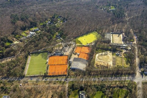 Aerial photo, HTC Uhlenhorst, tennis and hockey club, Linksruhr, Mülheim an der Ruhr, Ruhr area, North Rhine-Westphalia, Germany, Mülheim, an, der, Ruhr, DE, Europe, birds-eyes, view, aerial photography, aerial photography, overview, overview, bird's eye view, hockey, sports, fitness, hockey court, hobby, training, team, championship, clay court, tennis, tennis playing, tennis club