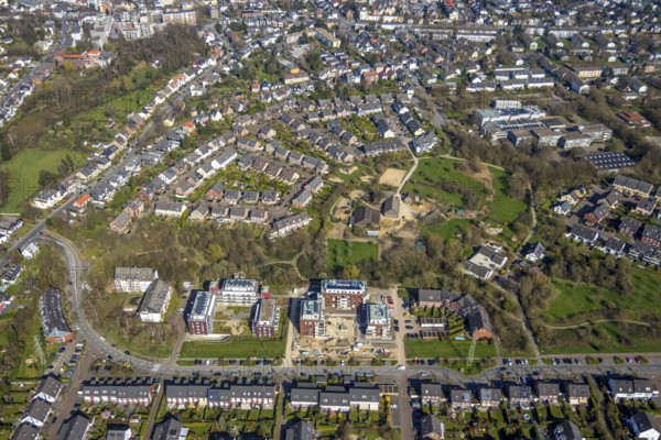 Aerial photo, new housing development, Brüsseler Allee, Linksruhr, Mülheim an der Ruhr, Ruhr area, North Rhine-Westphalia, Germany, Mülheim, an, der, Ruhr, DE, Europe, birds-eyes, view, aerial photography, aerial photography, overview, overview, bird's eye view, residential, flat, houses, residential buildings, housing estate, settlement